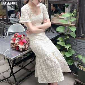 ELF TRIBE French Square Neck Marmalade Dress Corset Hollow Lace Midi Dresses for Women
