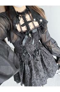 Halloween Dark Gothic Lolita Off-Shoulder Embroidered Waist-Cinched Puffy Skirt Dress Ballet Style Short Skirt Nylon Fabric Lantern Sleeve