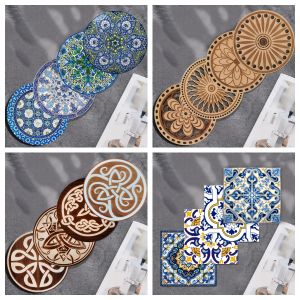 A set of 4-piece mandala floral pattern art coasters anti-slip wooden coasters suitable for living room use