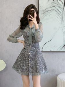 Elegant Long Sleeve A-Line Dress Shantung Style Slimming High Waist V-Neck Short Dress Polyester Fiber Autumn Winter New Arrival