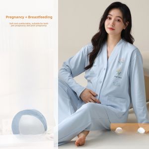MiiOW | Pure Cotton Maternity Sleepwear Womens Home Clothes Set Postpartum Ladies V-neck Long Sleeve Open Cardigan Style With Chest Pad