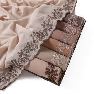 Jifang Plain Bubble Chiffon Embroidery Climbing Plant Floral Lace Brim Shawl Pashmina Head Scarf Wraps Raya Muslim Hijabs Shawls YZ26