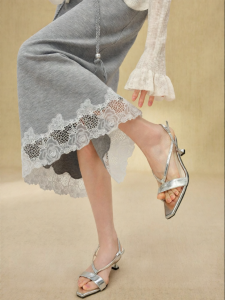 SUSHE | High-Count Cotton Elastic Waist Lace Trim A-Line Skirt