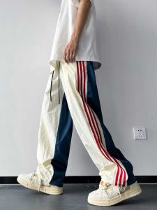Mens Summer Thin Quick Dry American Design Stripe Loose Casual Sports Pants Straight Leg Casual Loose Fit Teen Fashion
