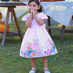 New Summer Kids Girls Party Dress Infant Toddler Bow Floral Printed V-back Flare Sleeves Holiday Christmas Newborn Baby Princess Dress with Head wear for 6 9 12 18 24 Months 1 2 3 4 5 6 7 8 Years Old