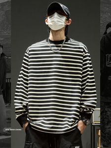 Áo Thun Nam Tay Dài Cổ Tròn Cotton Phong Cách Mỹ Mùa Xuân Thu Thường Ngày Rộng Rãi Phong Cách Hồng Kông Sọc Áo Nỉ