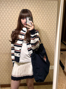 YUEZHONGWEI | Color Blocking Stripe Knitwear Short Coat