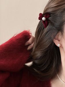 Velvet Hair Clip with Pearl Butterfly Knot Small Size Womens Stylish Cute Side Clip Headwear Fresh out Korean Style Fashion