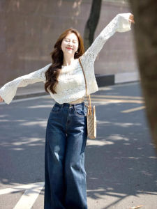 Mature Elegant Style Knitted Hollow out Top And Jeans Two Piece Set for plus Size Women Autumn Fashion Casual Wear