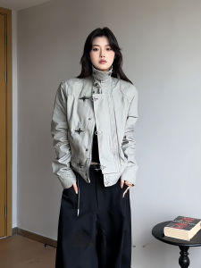 LIUBU | Stand Collar Deconstructed Plane Buckle Jacket Short Vintage Workwear Outerwear