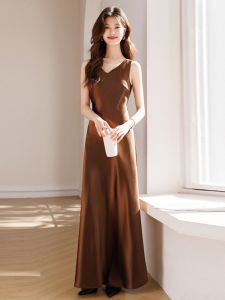 Elegant Acetate Satin V-neck Sleeveless Long A-line Dress Women Summer New Style Waist-cinching Goddess Style Dress