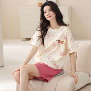 miiow | Pure Cotton Summer Lightweight Short Sleeve Sleepwear Set For Women Casual Home Clothes Short Pants With Chest Pad Catman