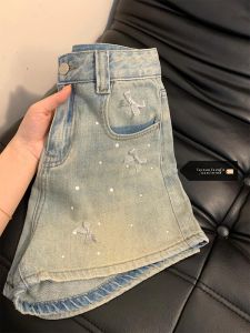 กางเกงขาสั้นยีนส์ทรงเอเอวสูงสำหรับผู้หญิง ดีไซน์ลายผีเสื้อ 3 มิติ ตกแต่งด้วยคริสตัล เอฟเฟกต์กระชับสัดส่วน ฤดูใบไม้ร่วง/ฤดูหนาว กางเกงขายาวทรง a