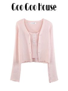 เสื้อคาร์ดิแกนแขนยาวสีชมพู ชุดสองชิ้น สำหรับผู้หญิง คอวี กระดุมเดียว ปกติ แขนยาว ทรงสลิมฟิต เสื้อคาร์ดิแกน