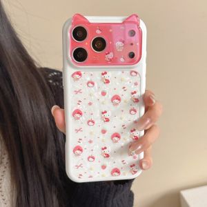 Sanrio | Cartoon Strawberry Sanrio Hello Kitty Shockproof Phone Case For iphone 17 16 15 Pro Max Cute 3D Ear Lens Camera Protective Cover