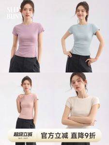 Slim Fit Short Sleeve T-Shirt Women Summer Casual Simple Elastic Waist Slimming Thin Regular Shoulder round Neck Cotton Blend Top