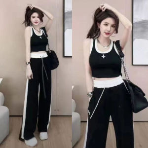 Internet Celebrity Funky Casual Sports Suit Female Summer New Chic Fried Street Short Vest High Waist Loose Pants Two-piece Set