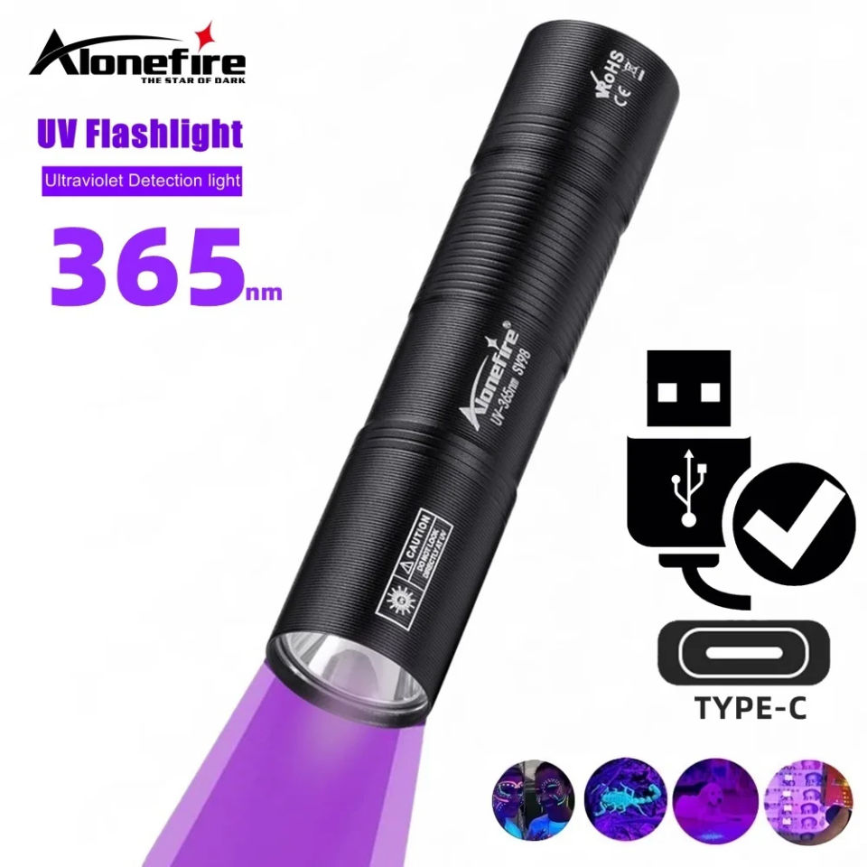 Alonefire SV98 365nm UV Flashlight USB Rechargeable Mini Palm Ultraviolet Nail Lamp Torch Pets Urine Cat Tinea Money Ore Marker Detection Light