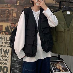 Spring Autumn Loose Male Version Multi-pocket Pure Color Functional Workwear Vest No-sleeve High-Street Tactical Vest Jacket