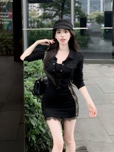 GUZILIAN | Elegant Black Lace Splice Mini Dress Womens Summer Sleeveless Short Skirt Slimming Bodycon Gown Commute Simple Style Uniform Fit