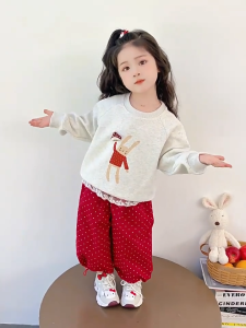 ชุดเสื้อสเวตเตอร์แขนยาวลายการ์ตูนเด็กหญิง2025เกาหลีรุ่นใหม่ฤดูใบไม้ร่วงกางเกงขายาวแขนยาวแมทช์ลุคง่ายพิมพ์ลายสองชิ้น