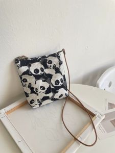 Cute Black White Panda Small Square Bag Womens Crossbody Shoulder Bag Mobile Phone Storage Bag Soft Korean Style Printed Bag
