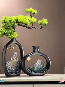 Bình trang trí cây tùng đón khách phong cách Trung Hoa hiện đại – đồ decor phòng khách cao cấp