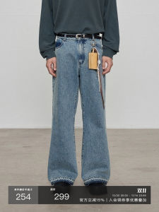 NANS 14OZ Heavyweight Faded Washed Texture Frayed Hem Straight Leg Jeans Youth Low Waist Zipper Closure Classic Blue Denim Pants