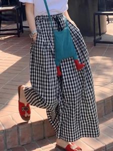 Black White Plaid Wide Leg Pants Womens Summer Thin Elastic Waist Half Body Umbrella Skirt Loose Casual Nine Point Pants