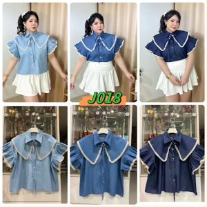 เสื้อครอปยีนส์ปกเชิ้ต แขนระบายลูกไม้ ผ้ายีนส์คอตตอน รอบอก 40-48cm ยาว 21-22cm หน้าผ้า 50cm ต้นแขน 20cm งาน OVERSIZE