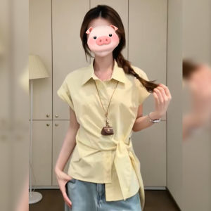 BINKAFENNY | Womens Collared Shirt Summer Design Dopaamine Style Uneven Waist Cinched Commute Anti-Aging Top Korean Style Straight Cut
