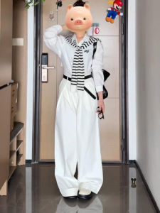 Korean Style Long Sleeve White Shirt High Waist Wide Leg Pants Womens Fashion Set Early Spring Commute Casual Slimming Look