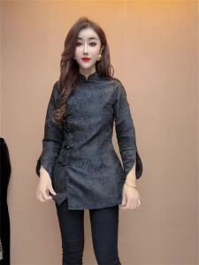 Retro Button Design Chic Womens Shirt Winter New Style Waist Cinching Slimming Elegant Long Sleeve Top Korean Style Commute