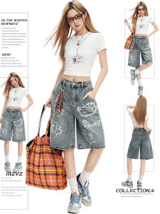 MZVZ | Cute Cartoon Kitten Doodle Casual Loose Fit 5-inch Denim Shorts