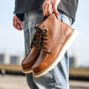 American Retro Litchi Texture Leather High Cut Motorcycle Boots