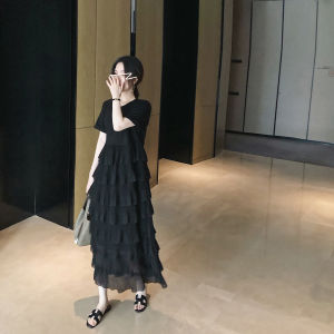 plus Size Womens Dress Slimming Long Black Cake Style Spring Summer Fashionable Casual round Neck Short Sleeve Maxi Dress