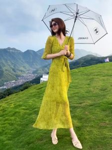 Autumn Winter Green Floral Print Mini Dress Elegant High Waist A-Line Skirt Short Sleeve round Neck City Commute Suitable