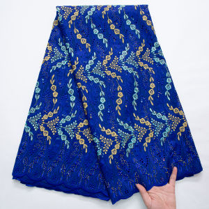 African Cotton Lace Fabric - Floral Embroidery Swiss Voile With Rhinestones Accents For Bridal Gowns Evening Dresses Textile