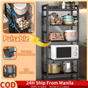Stainless Kitchen Trolley With Wheels Pull Out Storage Rack ﻿3/4/5 Tiers Kitchen Racks Organizer Space Saver For Cabinet Heavy Duty Shelf Microwave Oven Rack Large Load Capacity Rack With Hooks For Home Bathroom Kitchen Warehouse