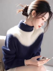 Thickened High Collar Knitted Sweater Womens Blue White Color Block Soft Mouton Wool Winter Warm Long Sleeve Top