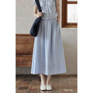 Summer Korean Style Blue V-Neck Gingham Short Sleeve Shirt and Skirt Set