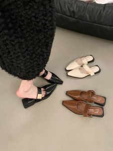 Retro Low Heel Toe Cover Womens Slippers Outdoor Wear 2024 New Summer Korean Style Small Leather Mary Jane Sandals