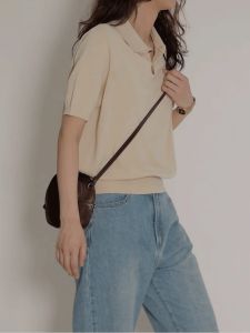Navy Blue Knitted Polo Shirt Short Sleeve Turn-down Collar Womens T-shirt Summer New Style Korean Loose Fit Pure Color Top