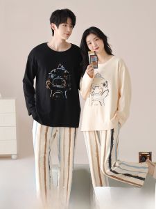 miiow | Couples Pure Cotton Sleepwear Long Sleeve Hooded Home Clothes Set Cartoon Pattern Womens Home Leisure Suit Spring Summer