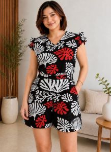 Amy Terno Short with Side Pocket Plusize Xl-2xl Floral Print Ruffled Sleeves Waist Tie Casual Wear.