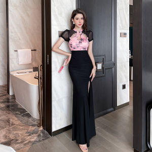 ชุดเดรสเซ็กซี่สำหรับงานเลี้ยงกลางคืน ชุดนวดแบบ�ูพีซ ชุดทำงานสำหรับผู้หญิง ชุดราตรี ชุดยาว แขนสั้น เอวสูง ทรงเอ