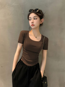 เสื้อยืดคอกลมแขนสั้นผ้าถักทรงเข้ารูปสไตล์เกาหลีสำหรับผู้หญิงในช่วงฤดูร้อนปี 2024 เสื้อผ้าทำงานคอตตอนผสมยางยืดแบบลำลอง