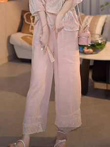 Shalldoer | Korean Style Hollow Design Straight Casual Pants Womens Summer Fashionable Lace Long Trousers High Waist Comfortable Fit