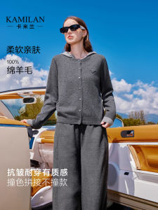 KAMILAN Womens Woolen Knitted Cardigan Hooded Color Block Long Sleeve Soft Street Style Autumn New Arrival Outerwear
