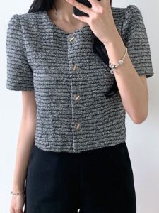South Korea Chic Summer round Neck Classic Style Short Outwear French Simplicity Chic Single Breasted Tweed Tops Women